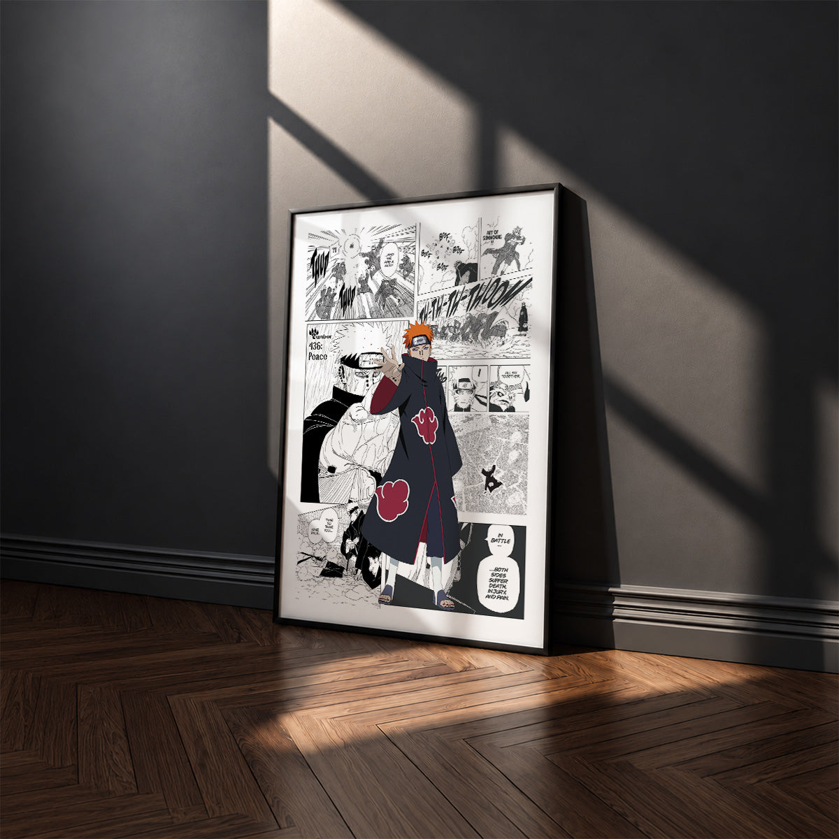 Yahiko Pain manga poster inspired by Naruto in a black frame against a charcoal gray wall