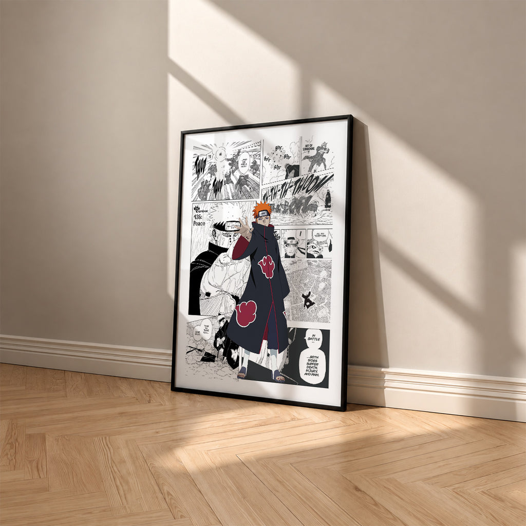 Yahiko Pain manga poster inspired by Naruto in a black frame against a warm beige wall