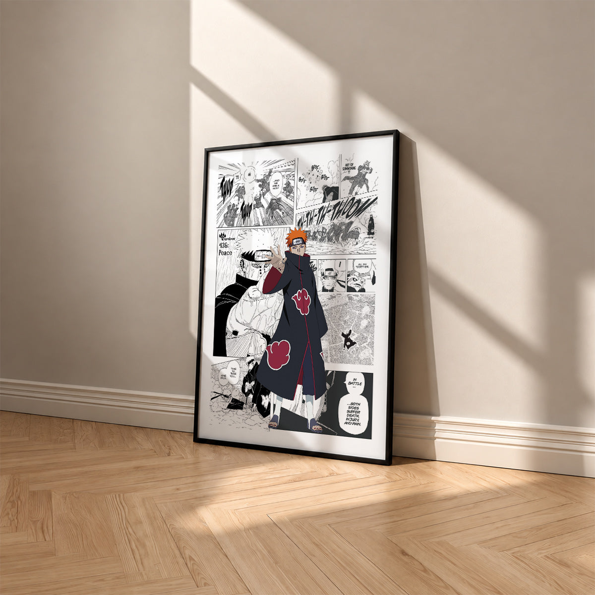 Yahiko Pain manga poster inspired by Naruto in a black frame against a warm beige wall