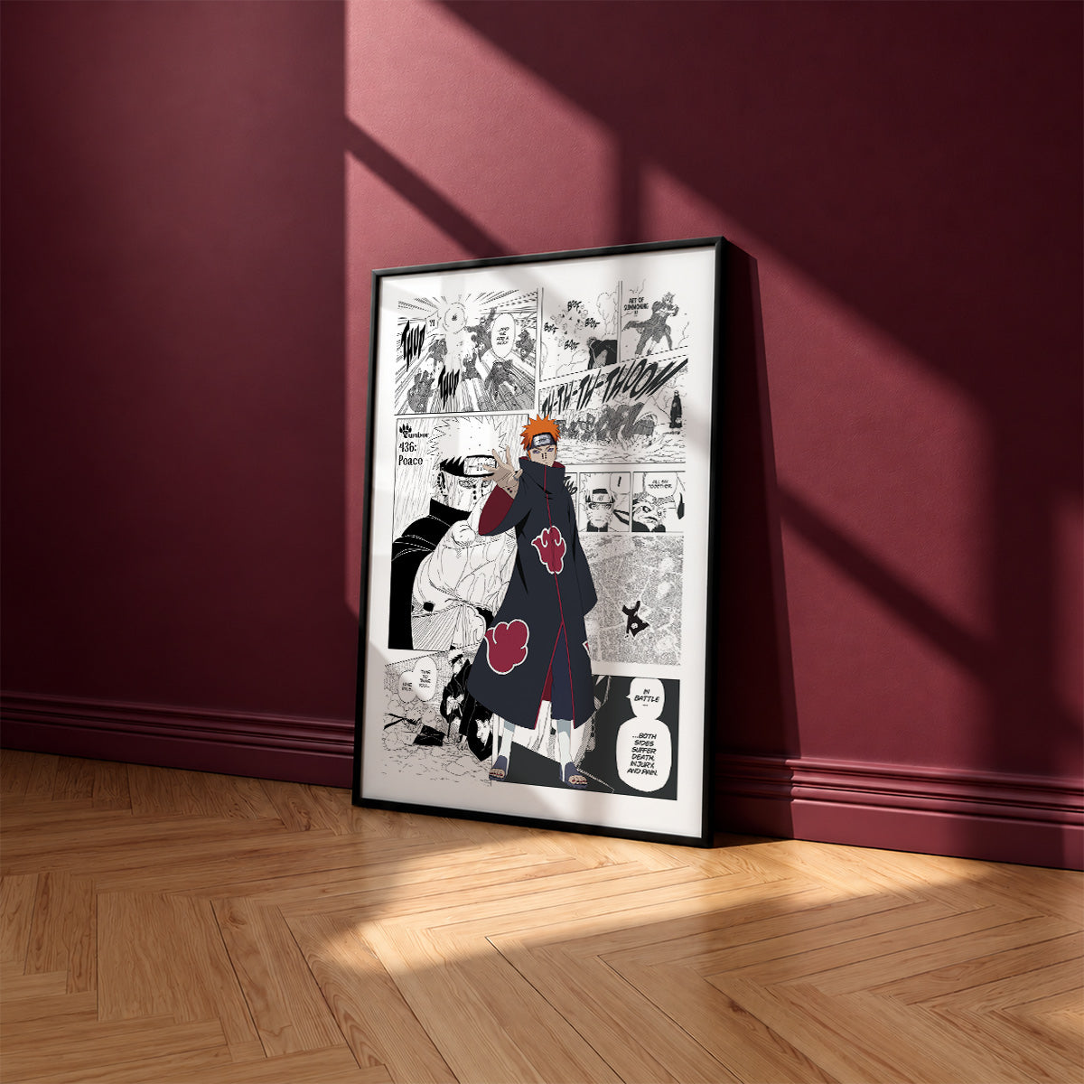 Yahiko Pain manga poster inspired by Naruto in a black frame against a burgundy wall