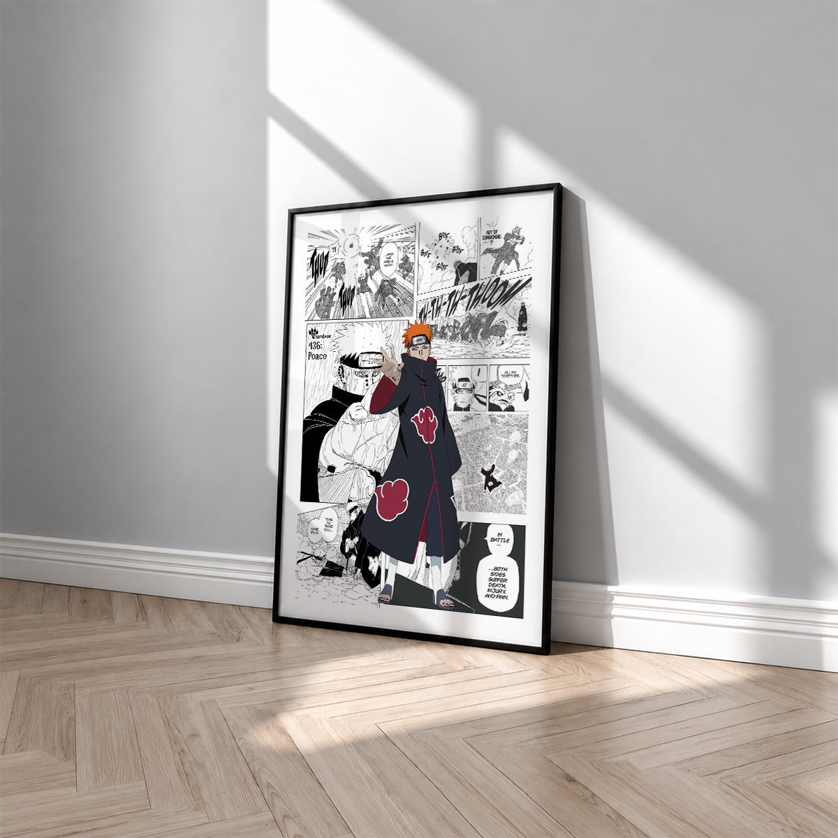Yahiko Pain manga poster inspired by Naruto in a black frame against a light gray wall