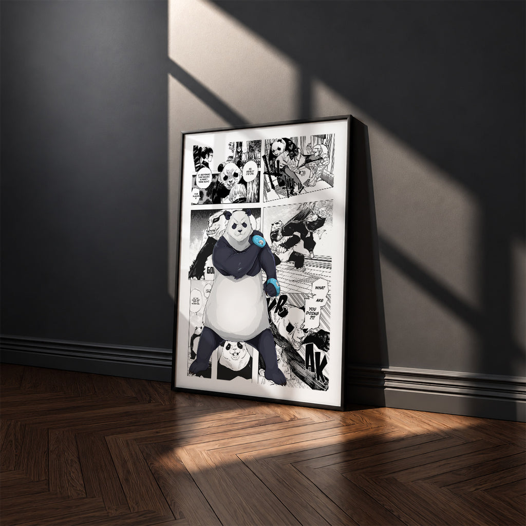 Panda manga poster inspired by Jujutsu Kaisen in a black frame against a charcoal gray wall