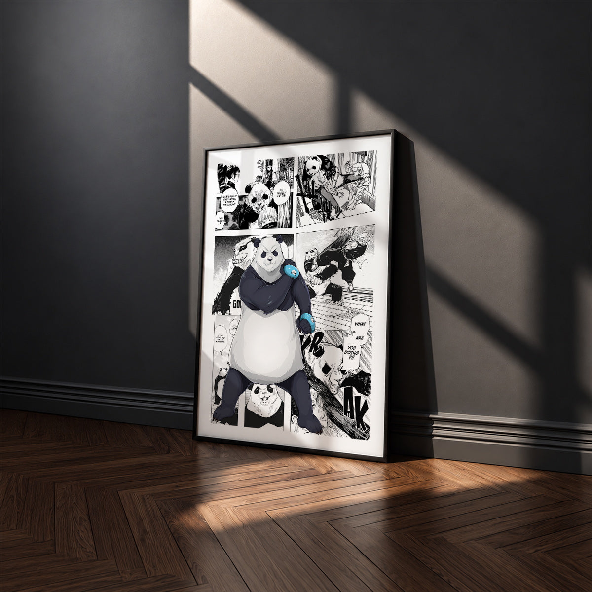 Panda manga poster inspired by Jujutsu Kaisen in a black frame against a charcoal gray wall
