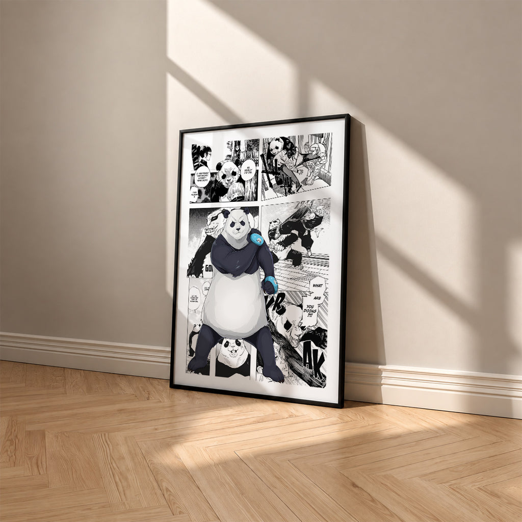 Panda manga poster inspired by Jujutsu Kaisen in a black frame against a warm beige wall