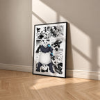 Panda manga poster inspired by Jujutsu Kaisen in a black frame against a warm beige wall