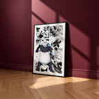 Panda manga poster inspired by Jujutsu Kaisen in a black frame against a burgundy wall