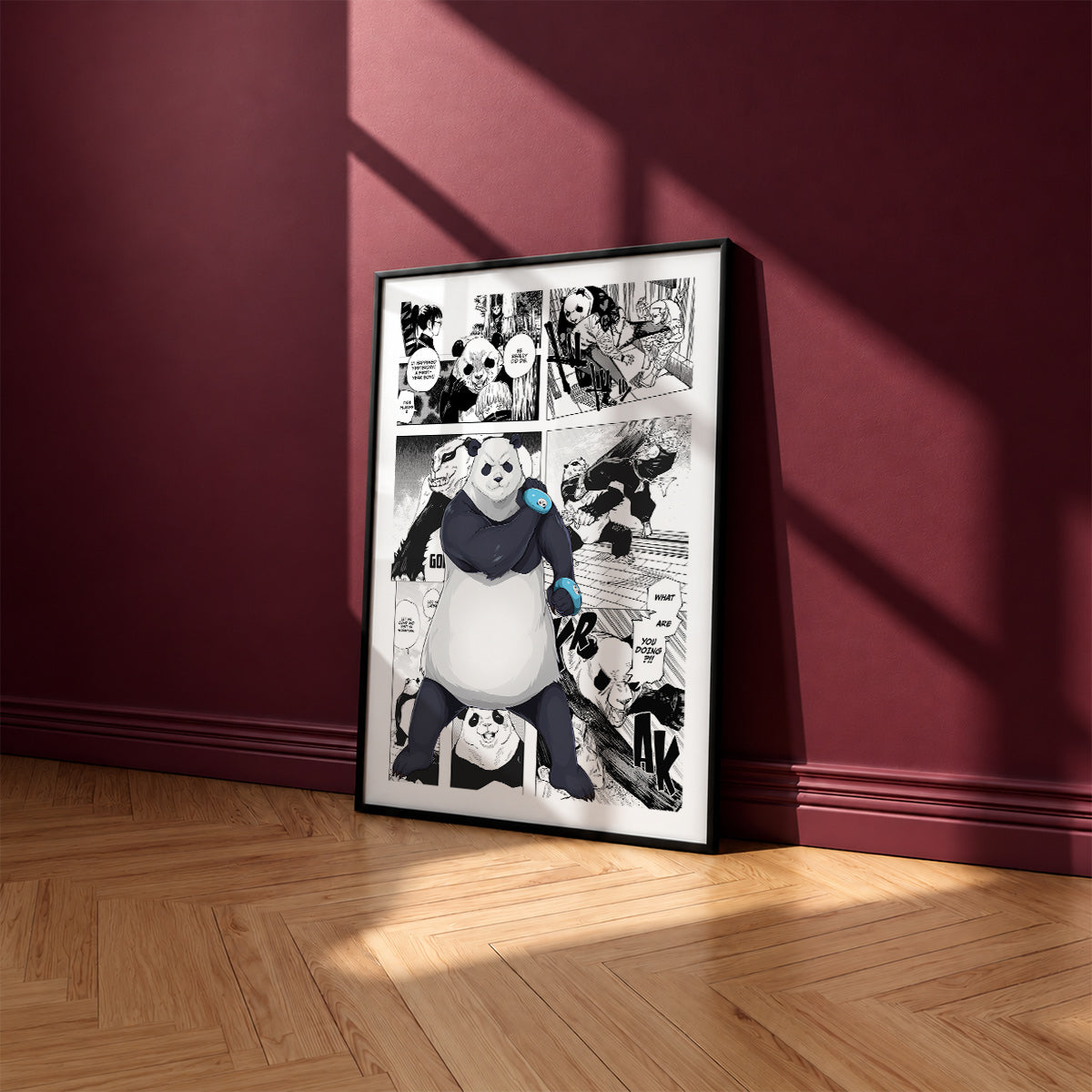 Panda manga poster inspired by Jujutsu Kaisen in a black frame against a burgundy wall