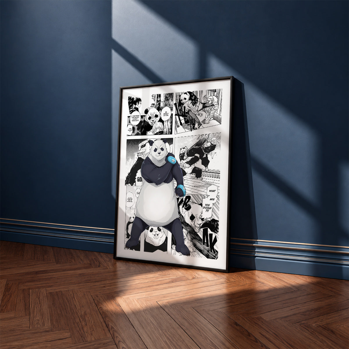 Panda manga poster inspired by Jujutsu Kaisen in a black frame against a navy blue wall