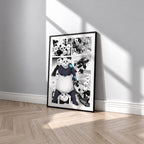 Panda manga poster inspired by Jujutsu Kaisen in a black frame against a light gray wall