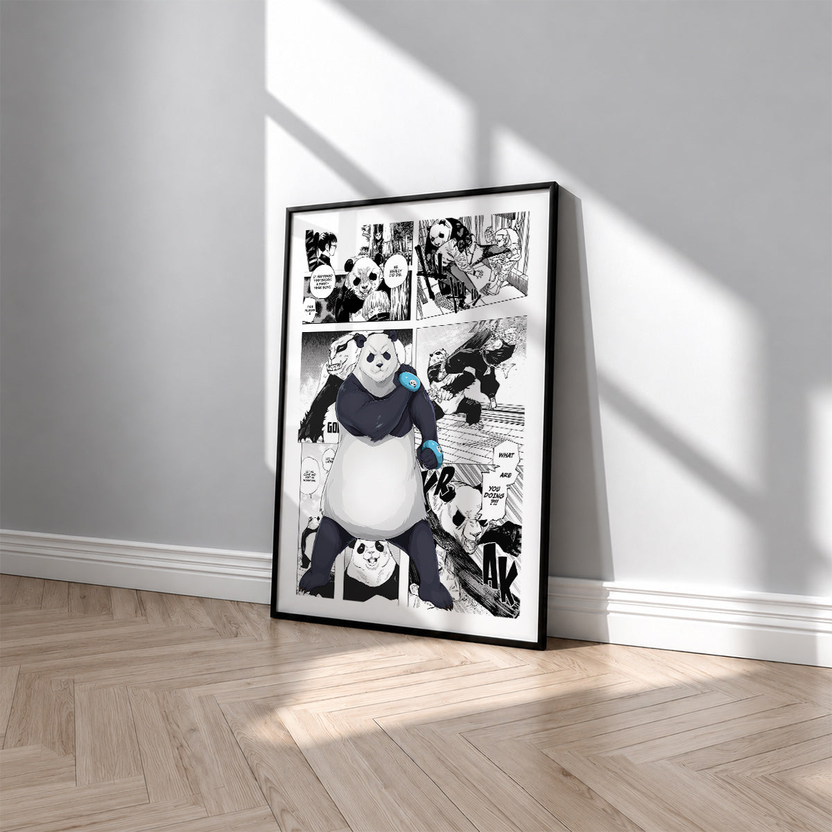Panda manga poster inspired by Jujutsu Kaisen in a black frame against a light gray wall