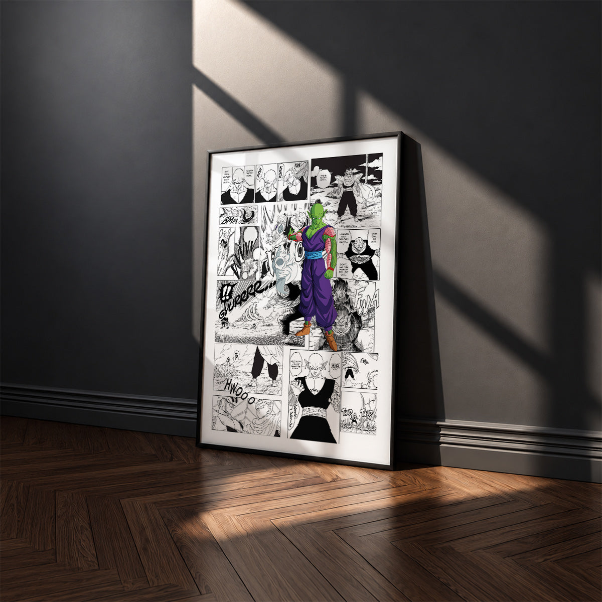 Piccolo manga poster inspired by Dragon Ball in a black frame against a charcoal gray wall