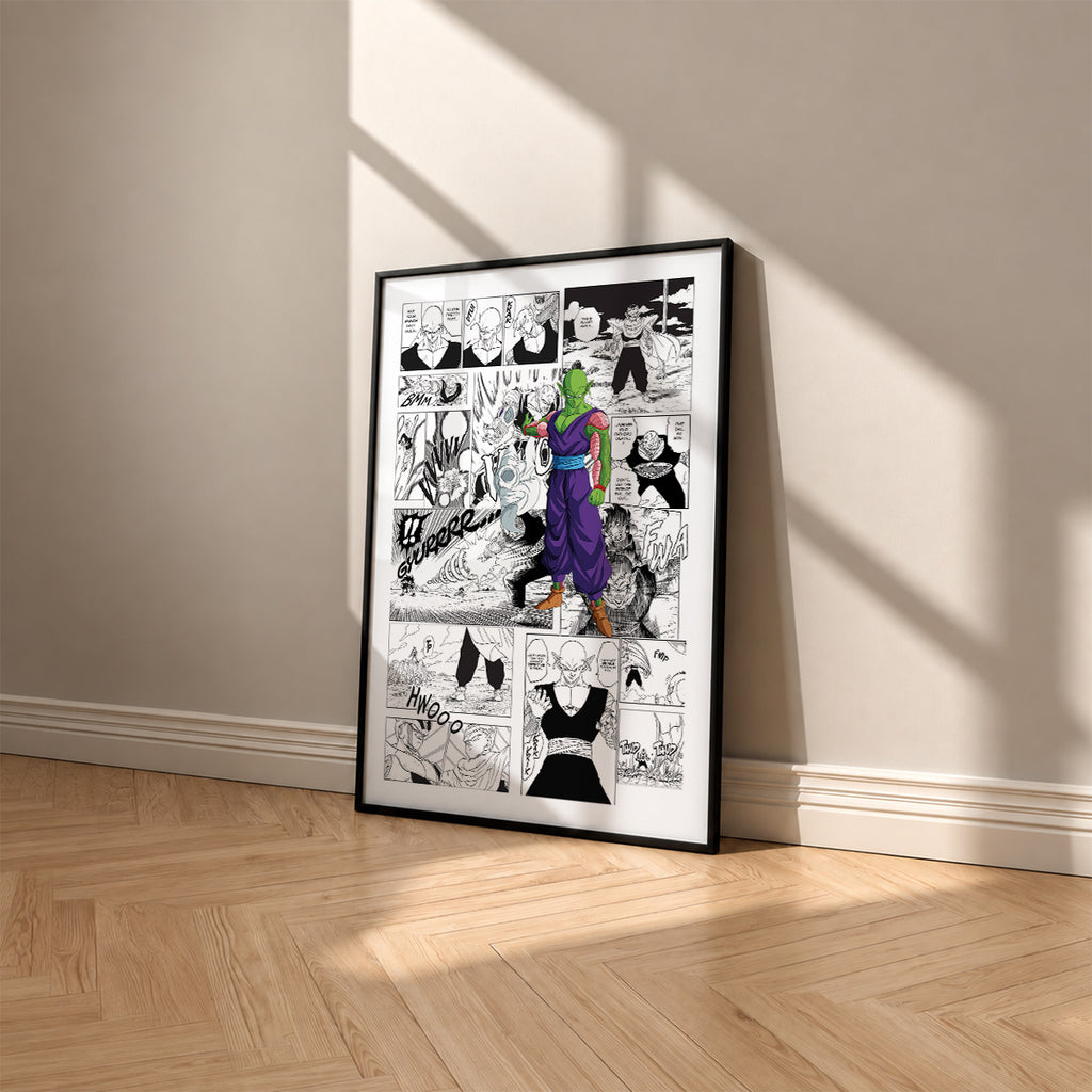 Piccolo manga poster inspired by Dragon Ball in a black frame against a warm beige wall
