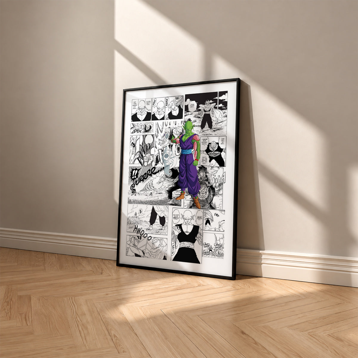 Piccolo manga poster inspired by Dragon Ball in a black frame against a warm beige wall