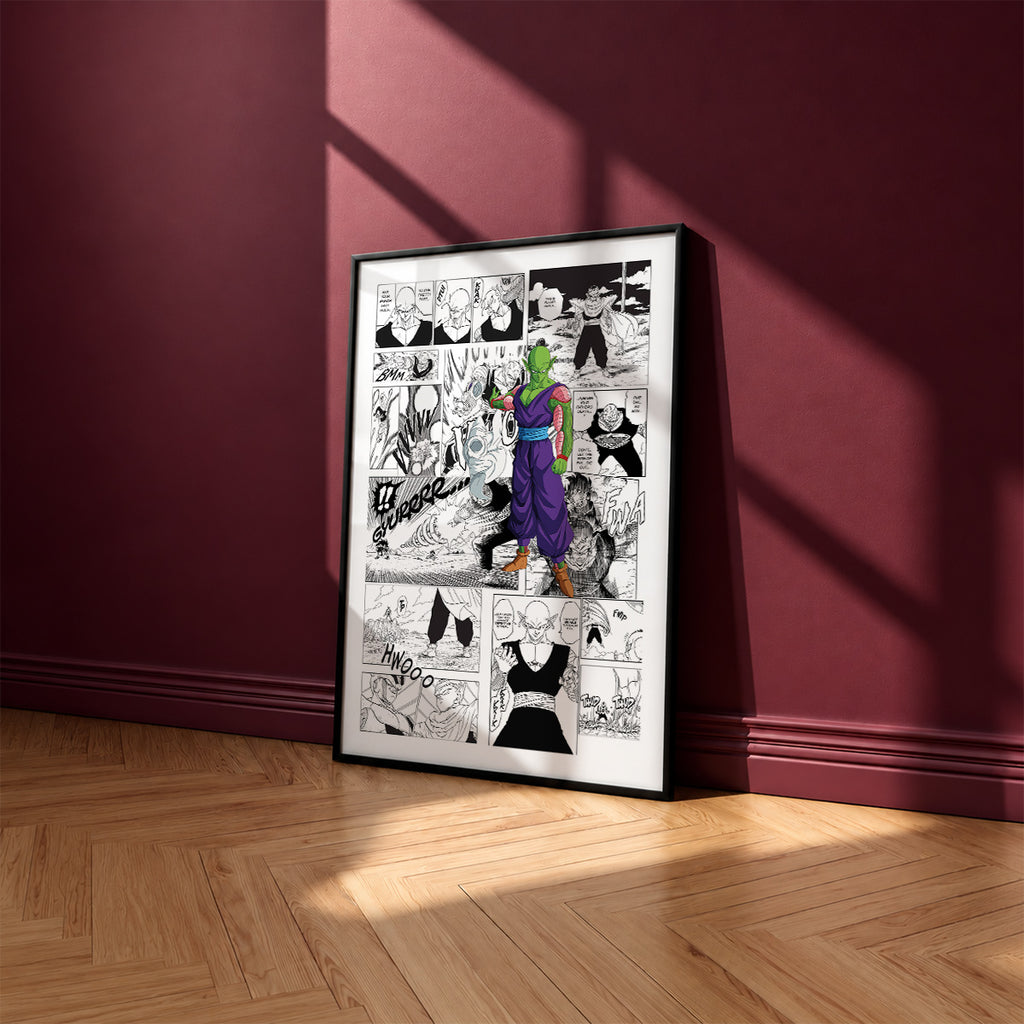 Piccolo manga poster inspired by Dragon Ball in a black frame against a burgundy wall