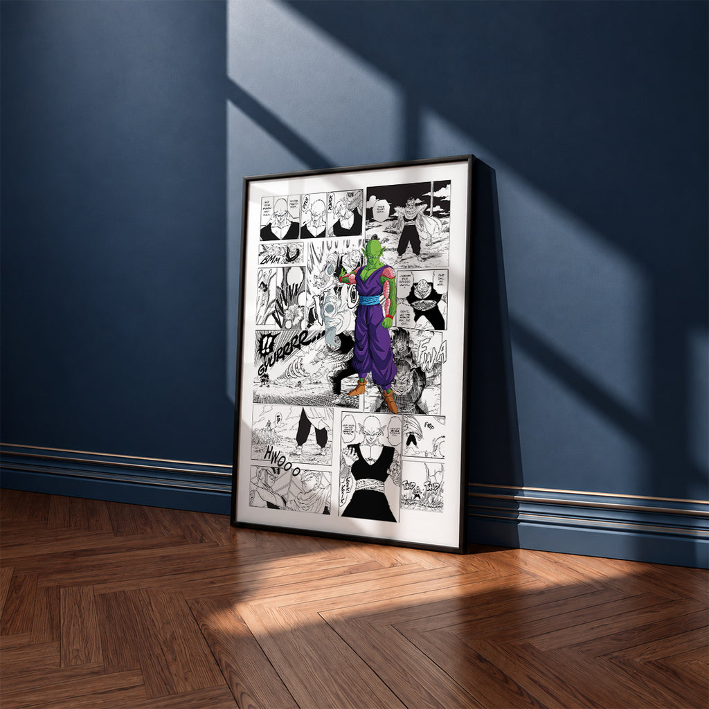 Piccolo manga poster inspired by Dragon Ball in a black frame against a navy blue wall