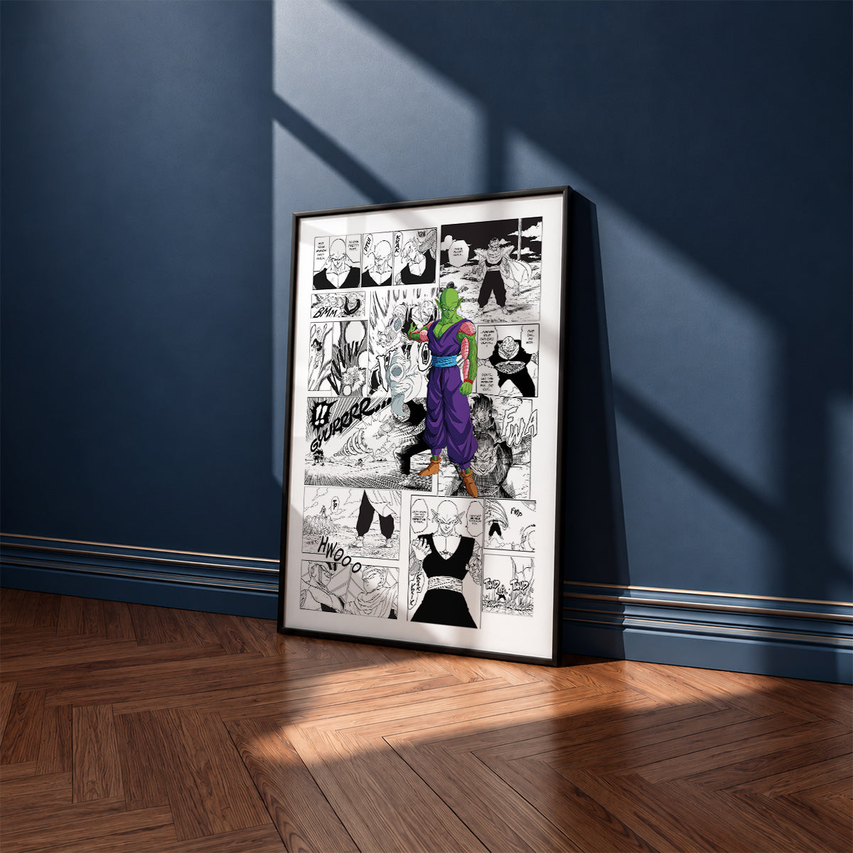 Piccolo manga poster inspired by Dragon Ball in a black frame against a navy blue wall