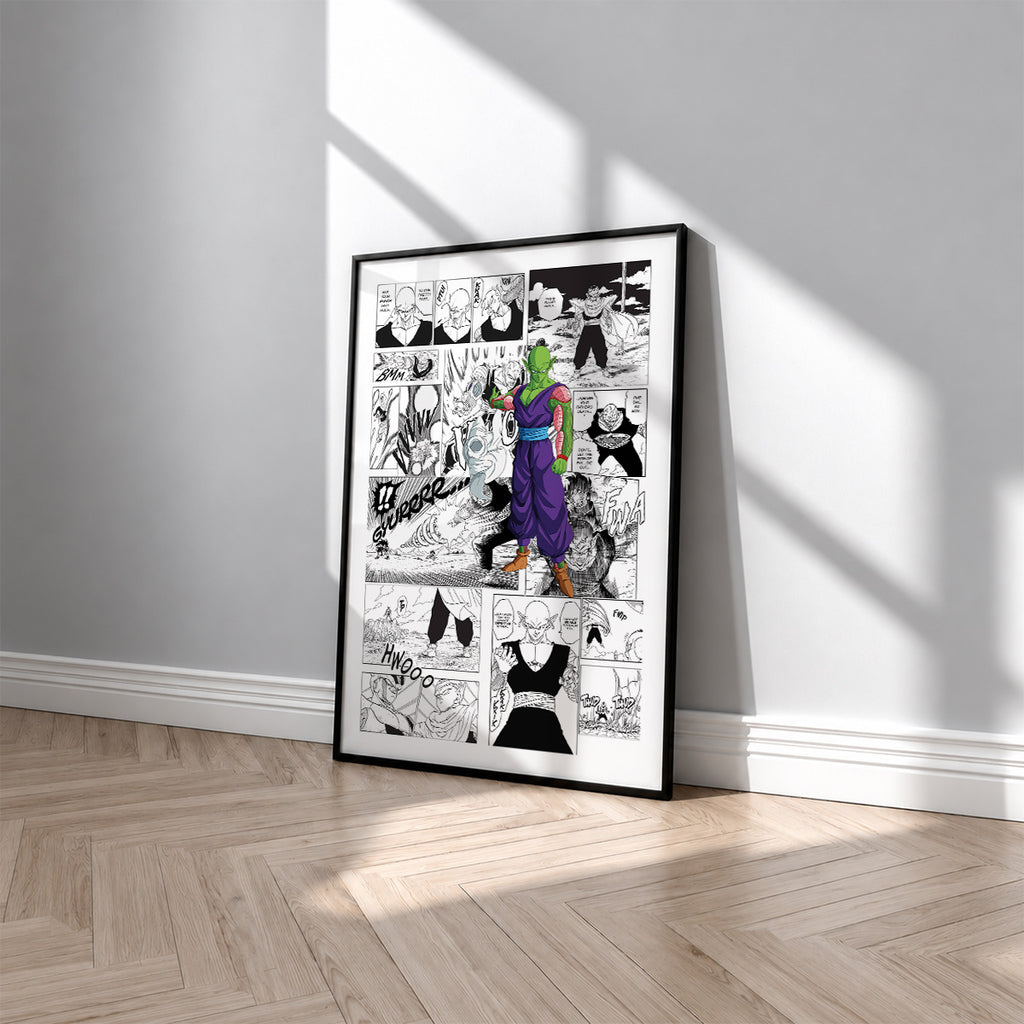 Piccolo manga poster inspired by Dragon Ball in a black frame against a light gray wall