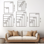 Poster size guide with frame outlines for 11:14, 3:4, 4:5, 2:3 and A1 to A4 print sizes on a wall above a sofa