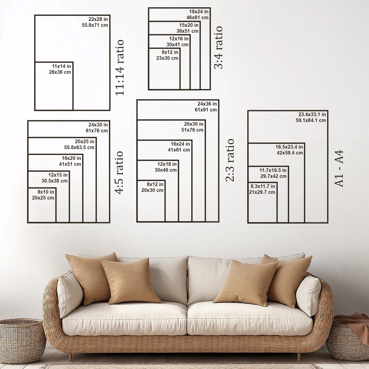 Poster size guide with frame outlines for 11:14, 3:4, 4:5, 2:3 and A1 to A4 print sizes on a wall above a sofa