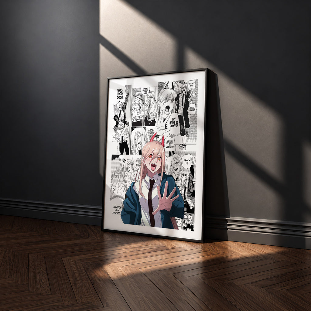 Power manga poster inspired by Chainsaw Man in a black frame against a charcoal gray wall