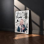 Power manga poster inspired by Chainsaw Man in a black frame against a charcoal gray wall