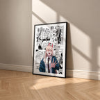 Power manga poster inspired by Chainsaw Man in a black frame against a warm beige wall