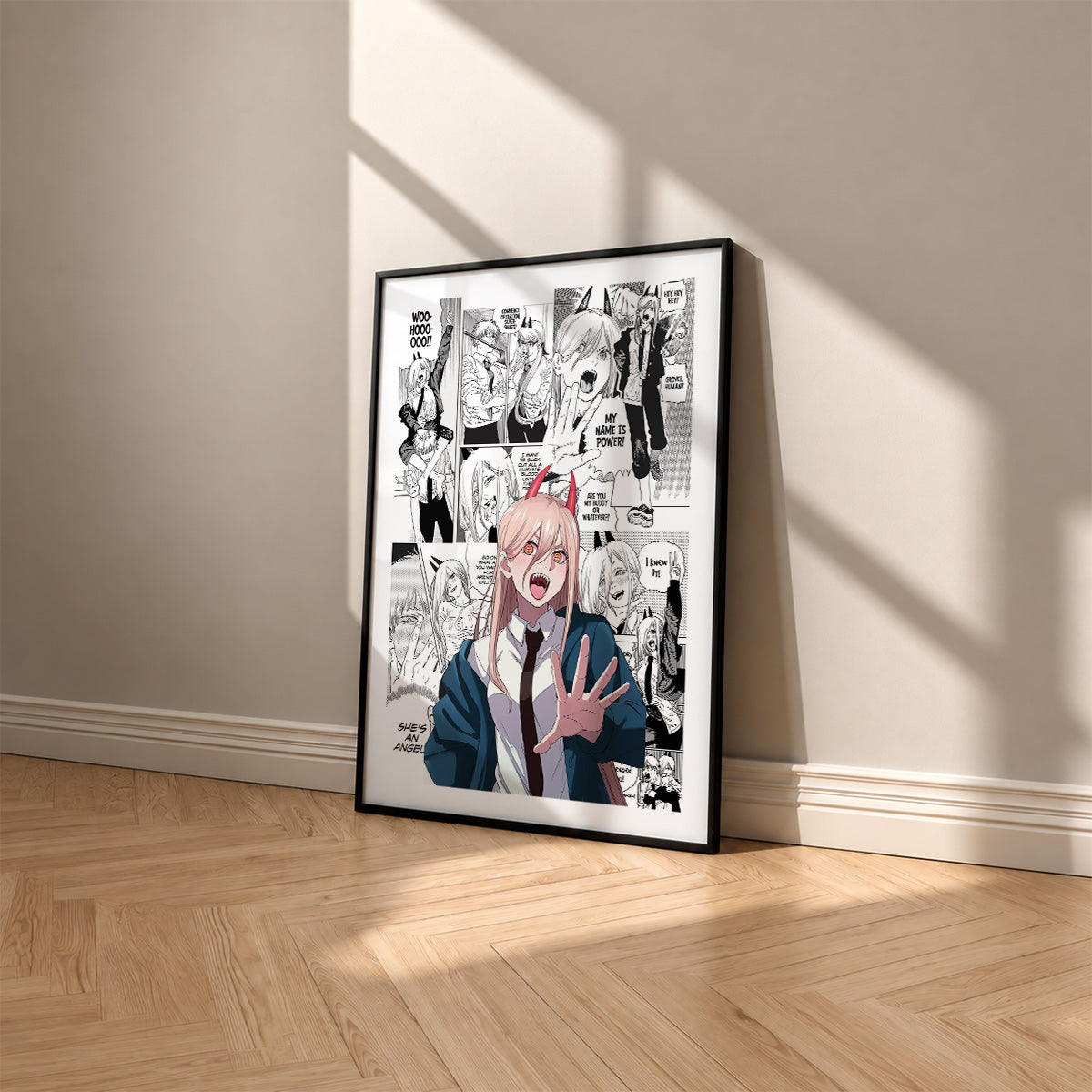 Power manga poster inspired by Chainsaw Man in a black frame against a warm beige wall