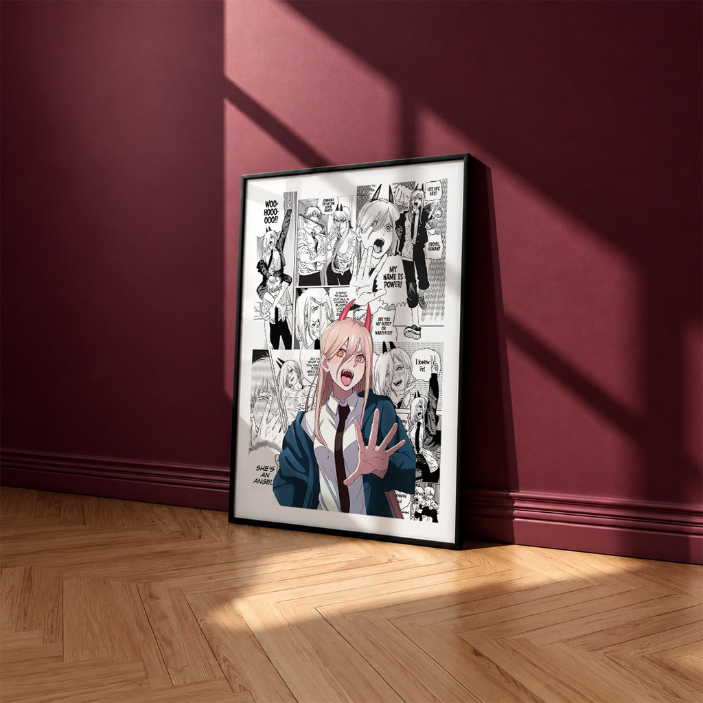 Power manga poster inspired by Chainsaw Man in a black frame against a burgundy wall