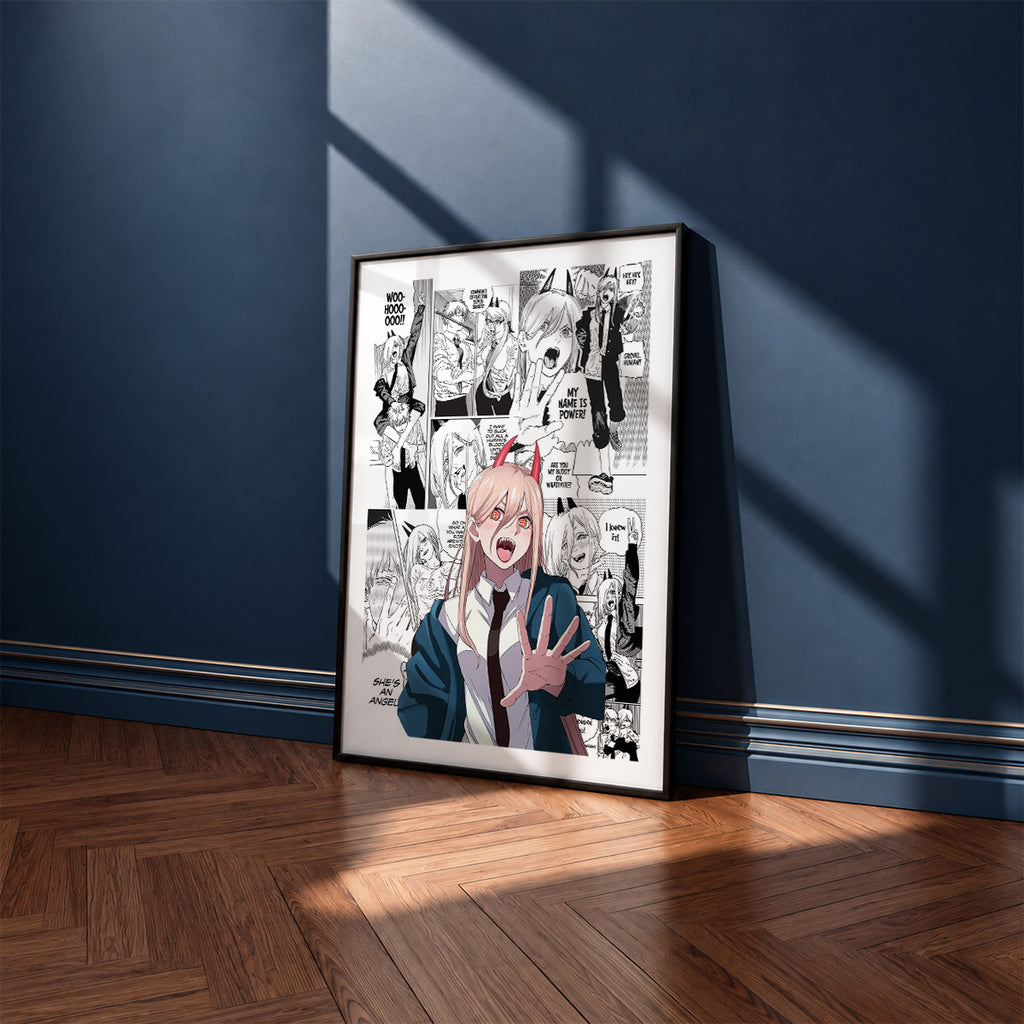 Power manga poster inspired by Chainsaw Man in a black frame against a navy blue wall