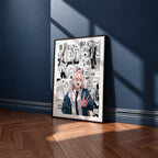 Power manga poster inspired by Chainsaw Man in a black frame against a navy blue wall
