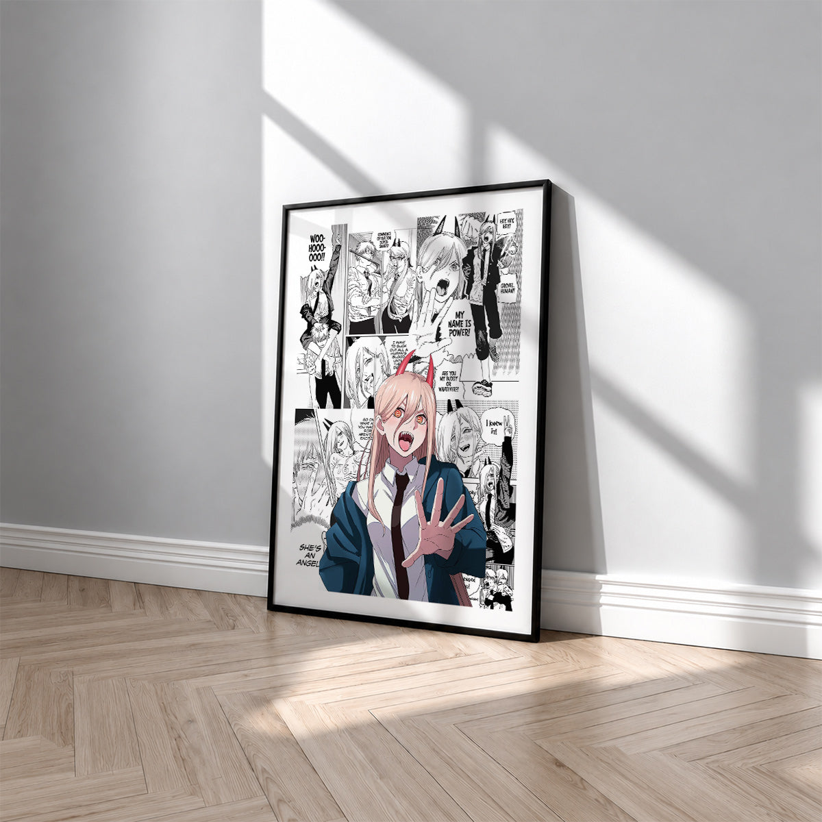 Power manga poster inspired by Chainsaw Man in a black frame against a light gray wall