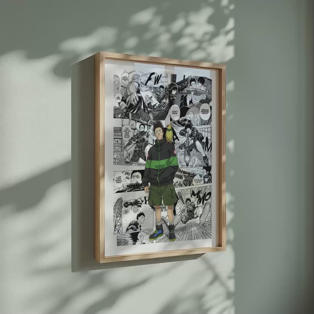 Video of the Heisuke Mashimo manga poster inspired by Sakamoto Days in a light wood frame on a sage green wall