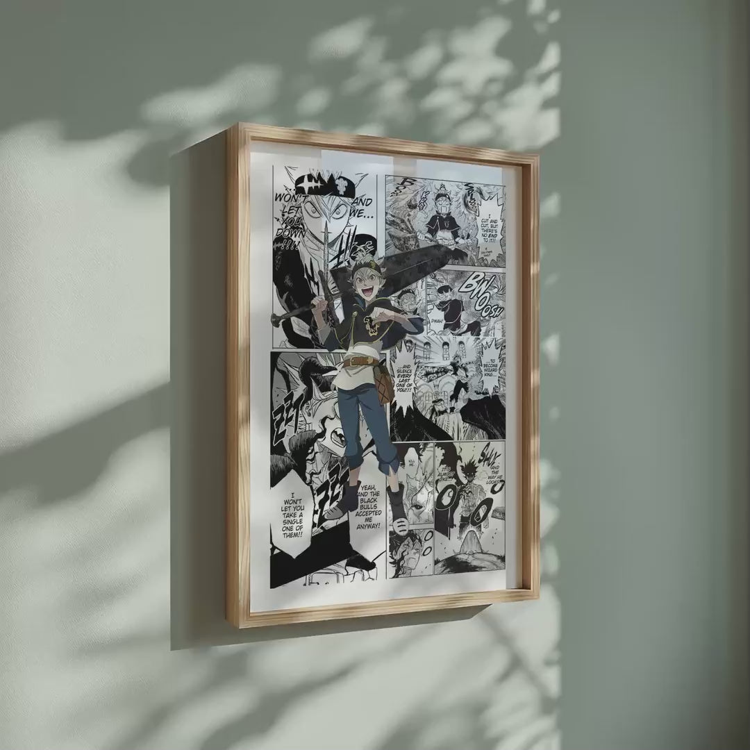 Video of the Asta manga poster inspired by Black Clover in a light wood frame on a sage green wall