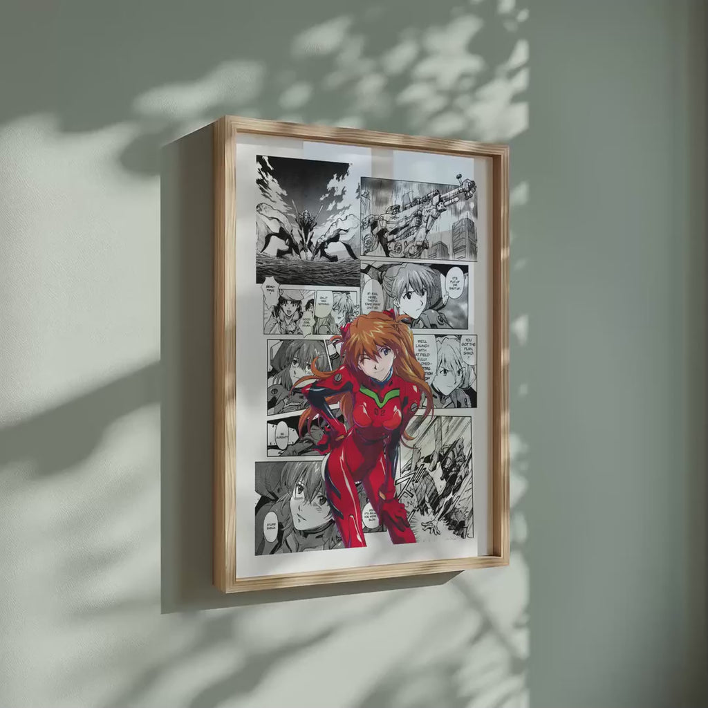 Video of the Asuka Langley Soryu manga poster inspired by Neon Genesis Evangelion in a light wood frame on a sage green wall
