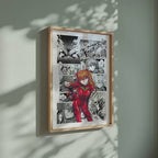 Video of the Asuka Langley Soryu manga poster inspired by Neon Genesis Evangelion in a light wood frame on a sage green wall