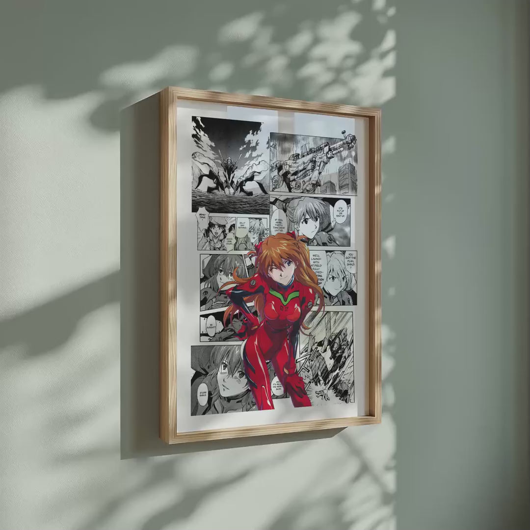 Video of the Asuka Langley Soryu manga poster inspired by Neon Genesis Evangelion in a light wood frame on a sage green wall