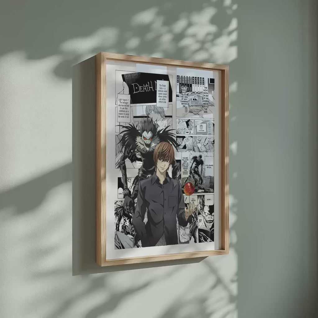Video of the Light Yagami and Ryuk manga poster inspired by Death Note in a light wood frame on a sage green wall