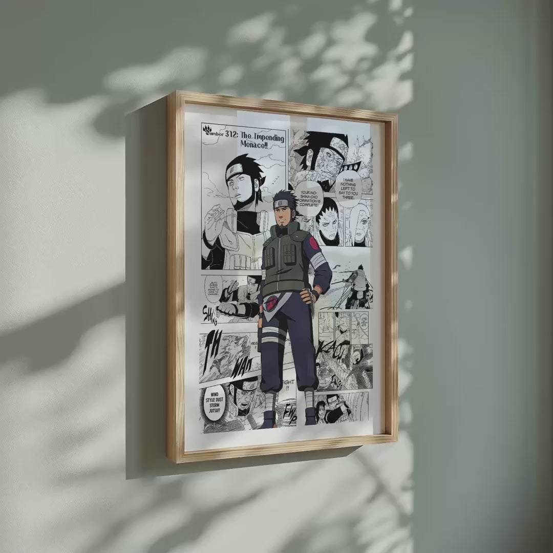 Video of the Asuma Sarutobi manga poster inspired by Naruto in a light wood frame on a sage green wall