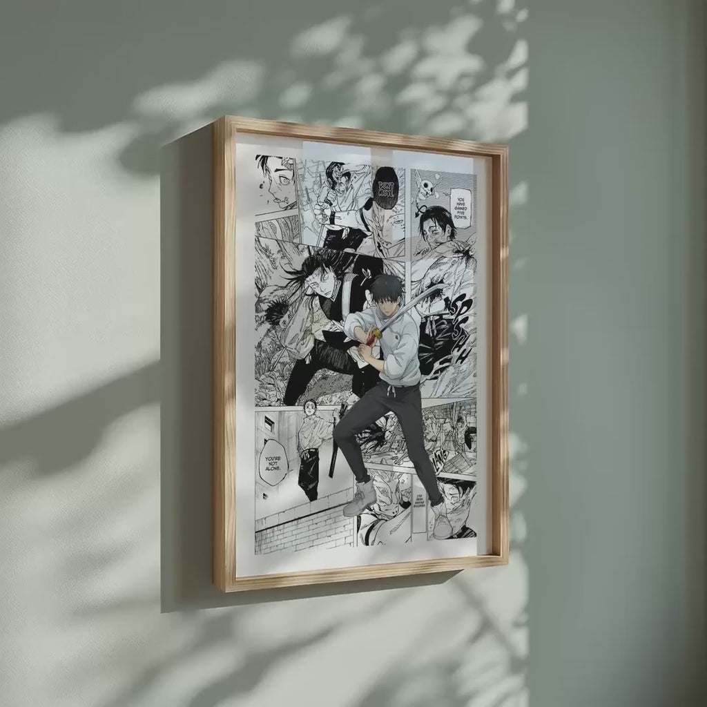 Video of the Yuta Okkotsu manga poster inspired by Jujutsu Kaisen in a light wood frame on a sage green wall