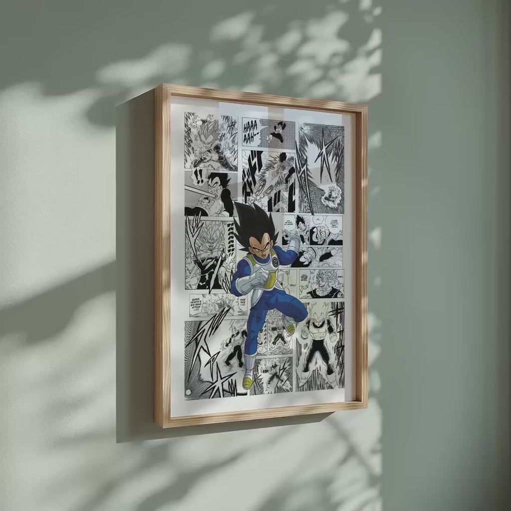 Video of the Vegeta manga poster inspired by Dragon Ball in a light wood frame on a sage green wall