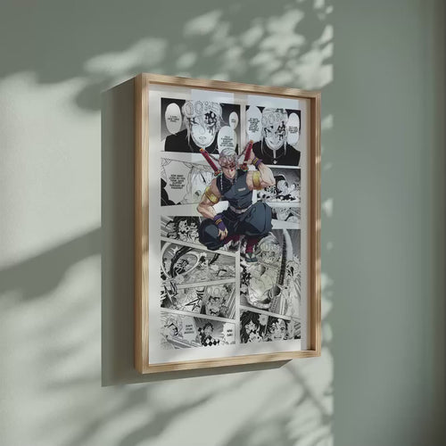 Video of the Tengen Uzui manga poster inspired by Demon Slayer in a light wood frame on a sage green wall