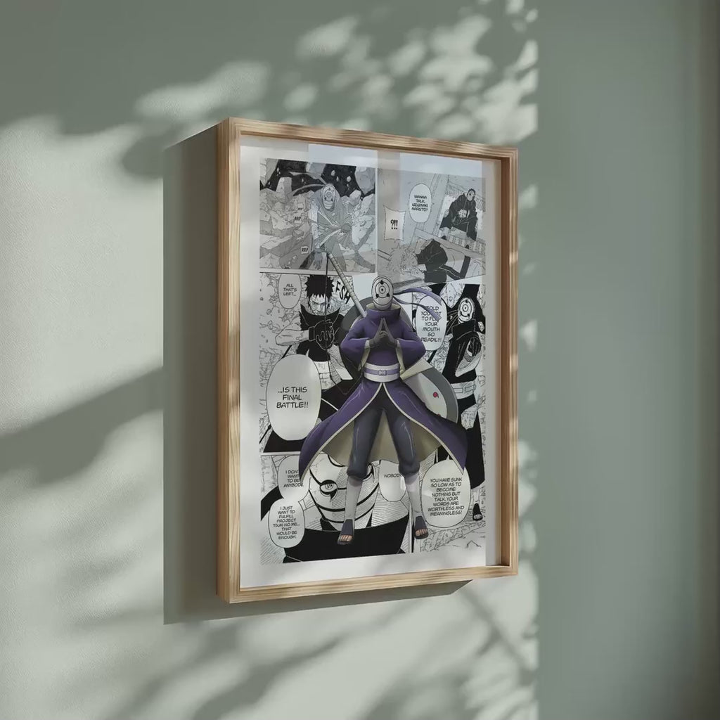 Video of the Obito Uchiha manga poster inspired by Naruto in a light wood frame on a sage green wall
