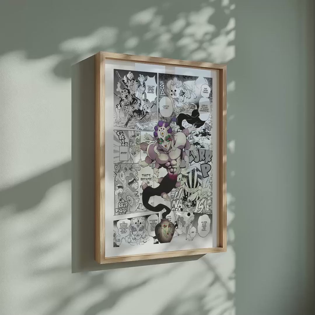 Video of the Gyokko manga poster inspired by Demon Slayer in a light wood frame on a sage green wall