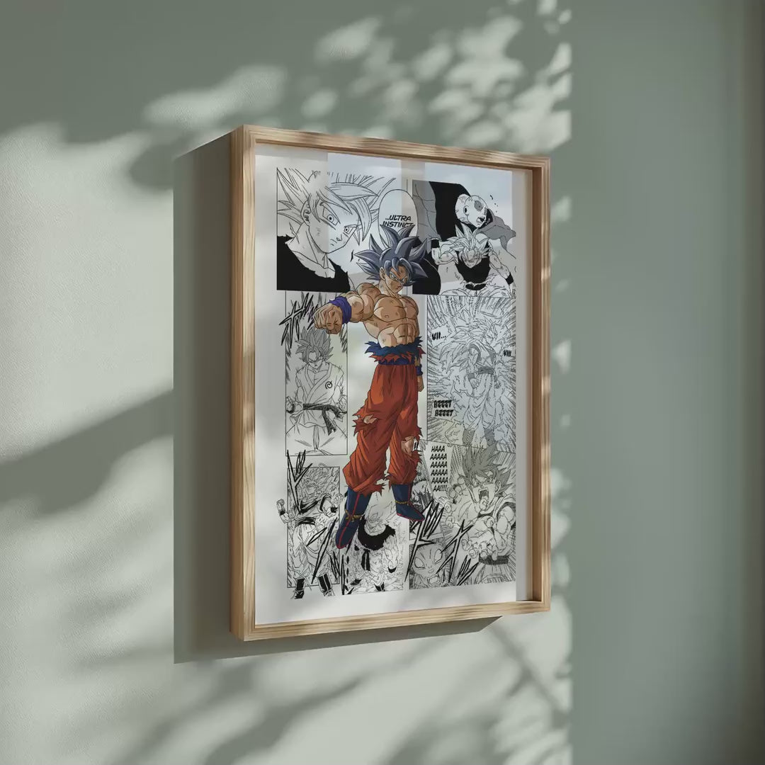 Video of the Son Goku Ultra Instinct manga poster inspired by Dragon Ball in a light wood frame on a sage green wall