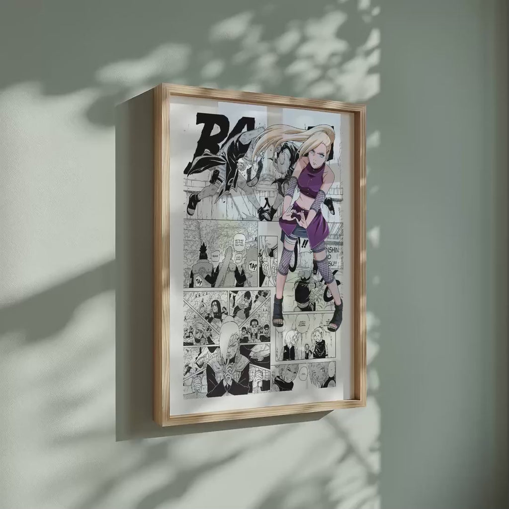 Video of the Ino Yamanaka manga poster inspired by Naruto in a light wood frame on a sage green wall