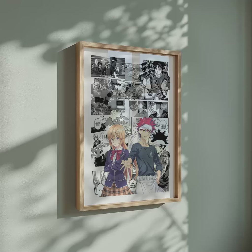 Video of the Soma Yukihira and Erina Nakiri manga poster inspired by Food Wars!: Shokugeki no Soma in a light wood frame on a sage green wall