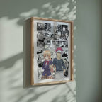 Video of the Soma Yukihira and Erina Nakiri manga poster inspired by Food Wars!: Shokugeki no Soma in a light wood frame on a sage green wall
