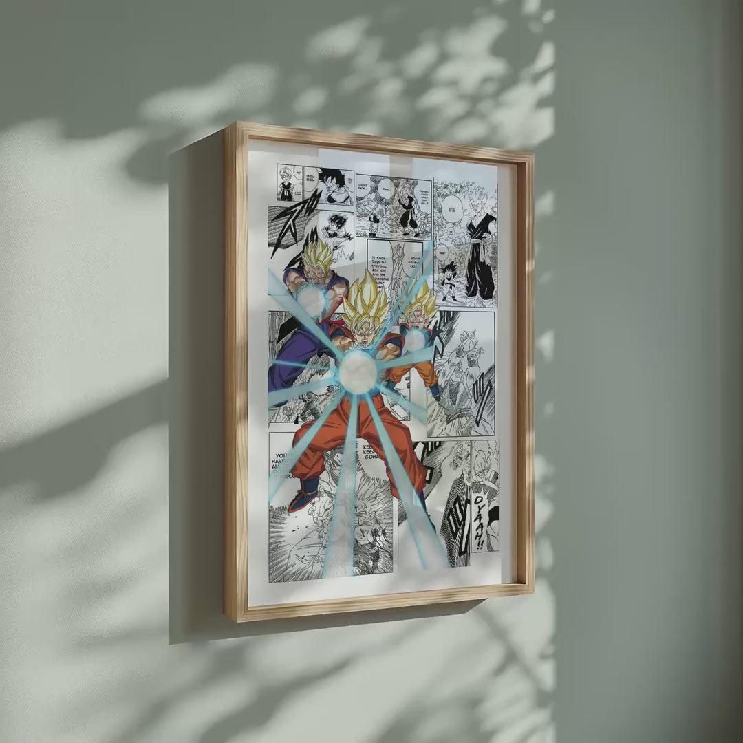 Video of the Son Goku, Gohan and Goten Family Kamehameha manga poster inspired by Dragon Ball in a light wood frame on a sage green wall