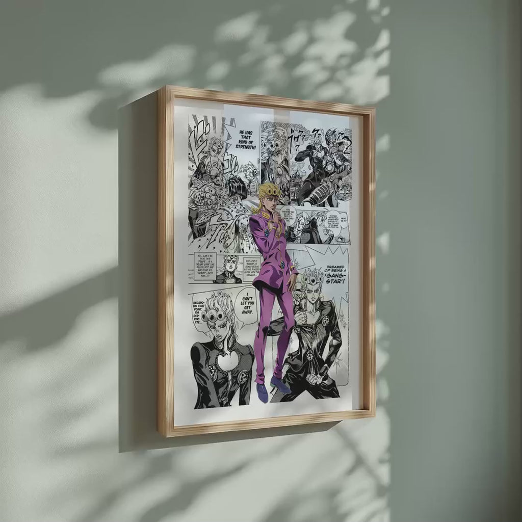 Video of the Giorno Giovanna manga poster inspired by JoJo's Bizarre Adventure in a light wood frame on a sage green wall