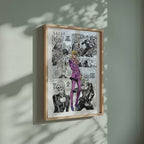 Video of the Giorno Giovanna manga poster inspired by JoJo's Bizarre Adventure in a light wood frame on a sage green wall